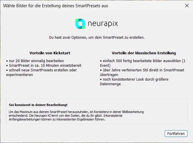 Der Neurapix-Assistent zeigt beide Möglichkeiten zur Generation eines Smartpreset.